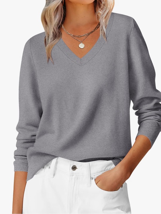 Sweaters - Women’s Gray V Neck Sweater Size S Lightweight Knit Pullover Classic Basic
